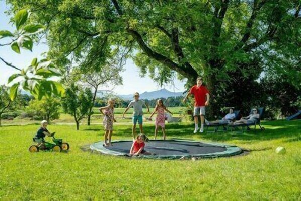 A trampoline in a grassy outdoor area with trees and a clear sky. - Appartement "Hühnernest", 25 qm Obergeschoss, kombinierter Wohn- und Schlafraum (Höslwang)