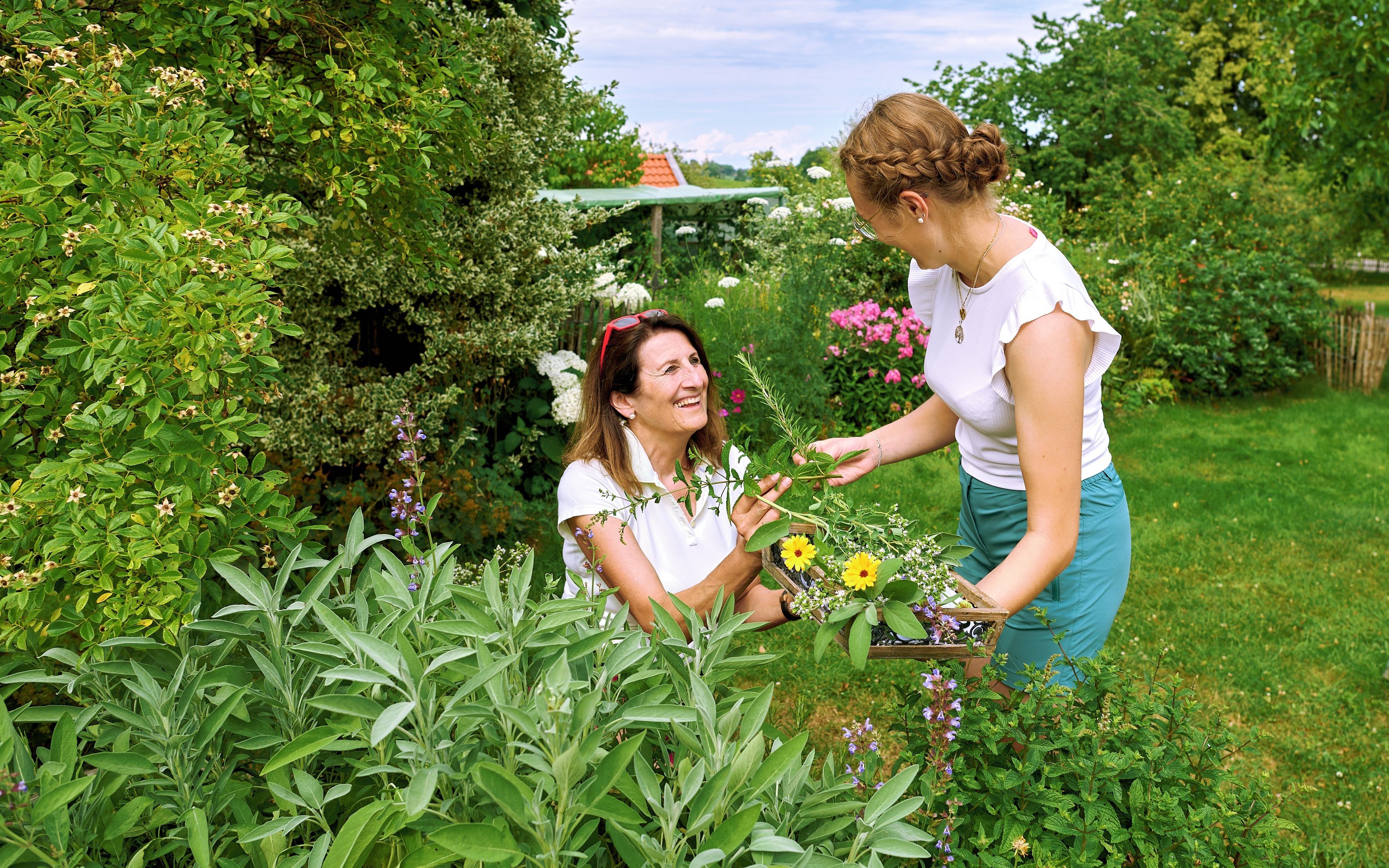 A garden with various plants and flowers, a wooden bench, and a person holding a tray of flowers.