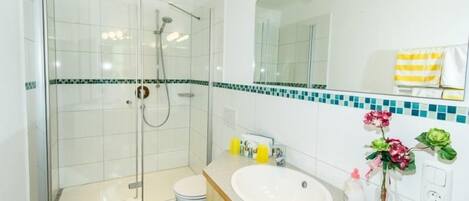 Shower, hair dryer, towels