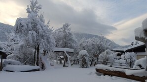 A snow-covered outdoor area with a swing set, wooden structures, and snow-laden trees. - Ferienwohnung Panoramablick 2 - 5 Personen (Berchtesgaden)