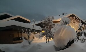 A snow-covered landscape with houses and a large snow mound.
