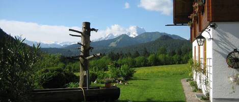 A rustic building with a paved pathway leading to a grassy area, surrounded by lush greenery and a mountain backdrop.