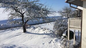 Paesaggio innevato con una casa e un albero in primo piano.