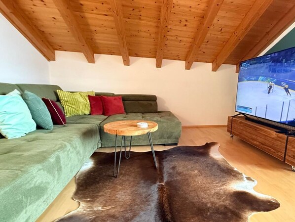 Un salon avec un canapé vert, une table basse en bois, un tapis en cuir et un téléviseur diffusant un événement sportif.