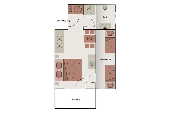 Plànol d'un hotel que mostra zones amb etiquetes, incloent-hi un balcó, zona de dinar i una habitació marcada com a 'BAD'.