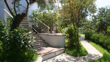 A garden pathway leading to a staircase with a white railing, surrounded by lush greenery and trees.