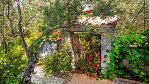 A stone pathway leading to a rustic archway with climbing plants and flowers. - B&B La Giara (Maratea)