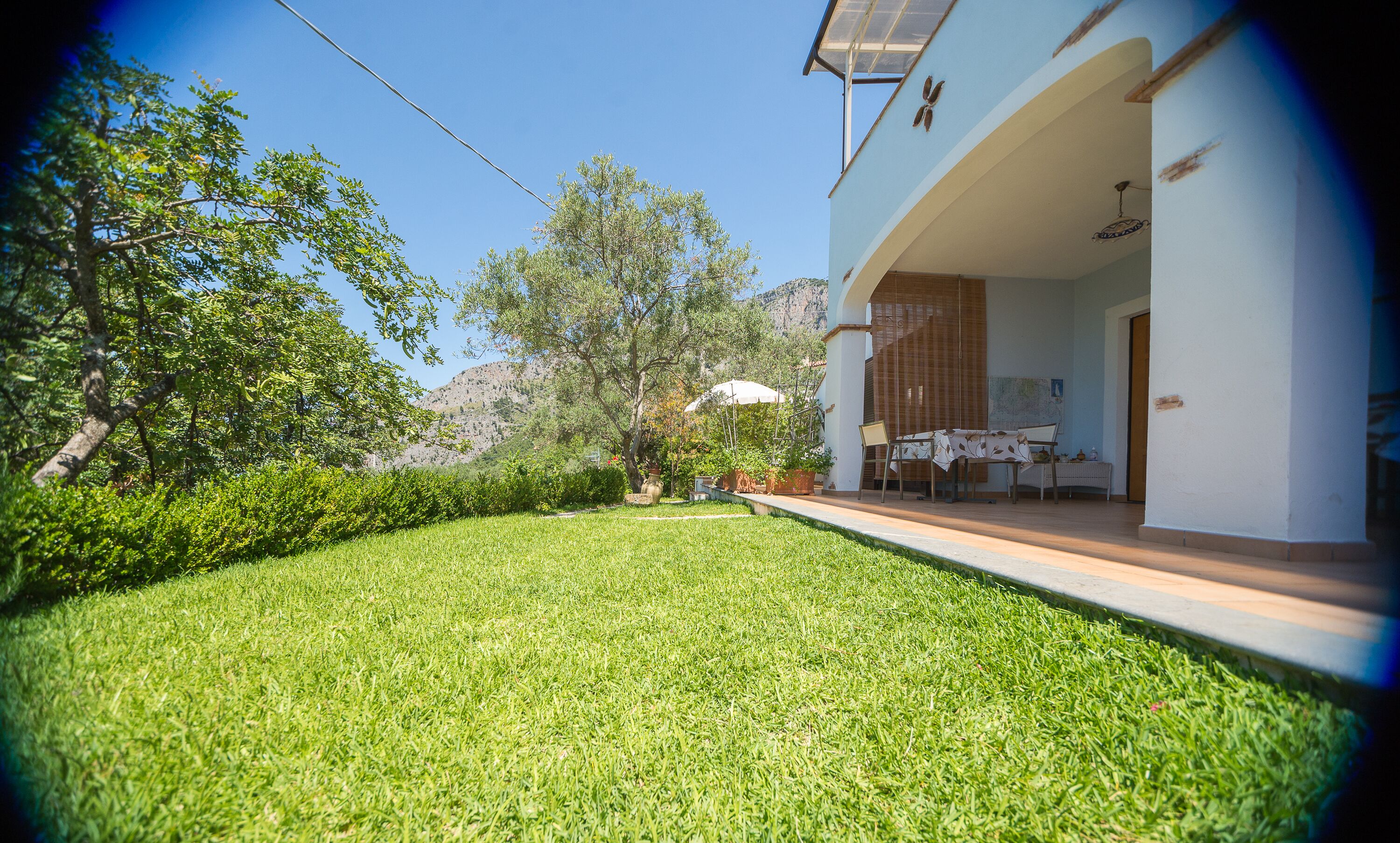 A well-maintained lawn, a patio with a table and chairs, and a building with a white exterior and a large window.