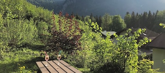 Apartment Studio Haus Irlinger, 28 qm, Wohn-Schlafraum mit Terrasse und Liegewiese