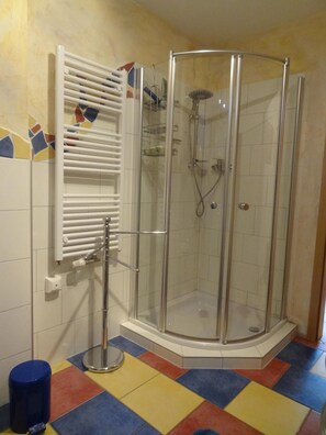 Shower, hair dryer, towels