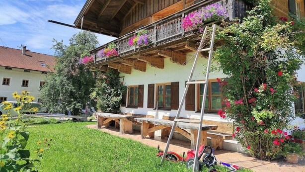 Un bâtiment traditionnel en bois, doté d’un balcon orné de fleurs, de sièges en plein air et d’une échelle.