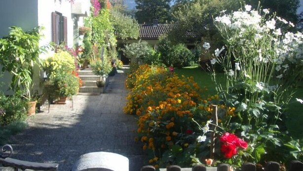 A narrow garden pathway leading to a building with a number '24' sign. - Quiet vacation apartment, 29sqm, terrace with beautiful garden (Bad Reichenhall)