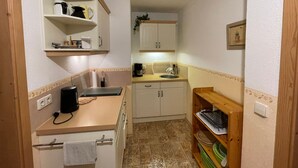 A compact kitchen with white cabinets, a countertop, and a sink. There is a shelf with kitchen items and a small plant.