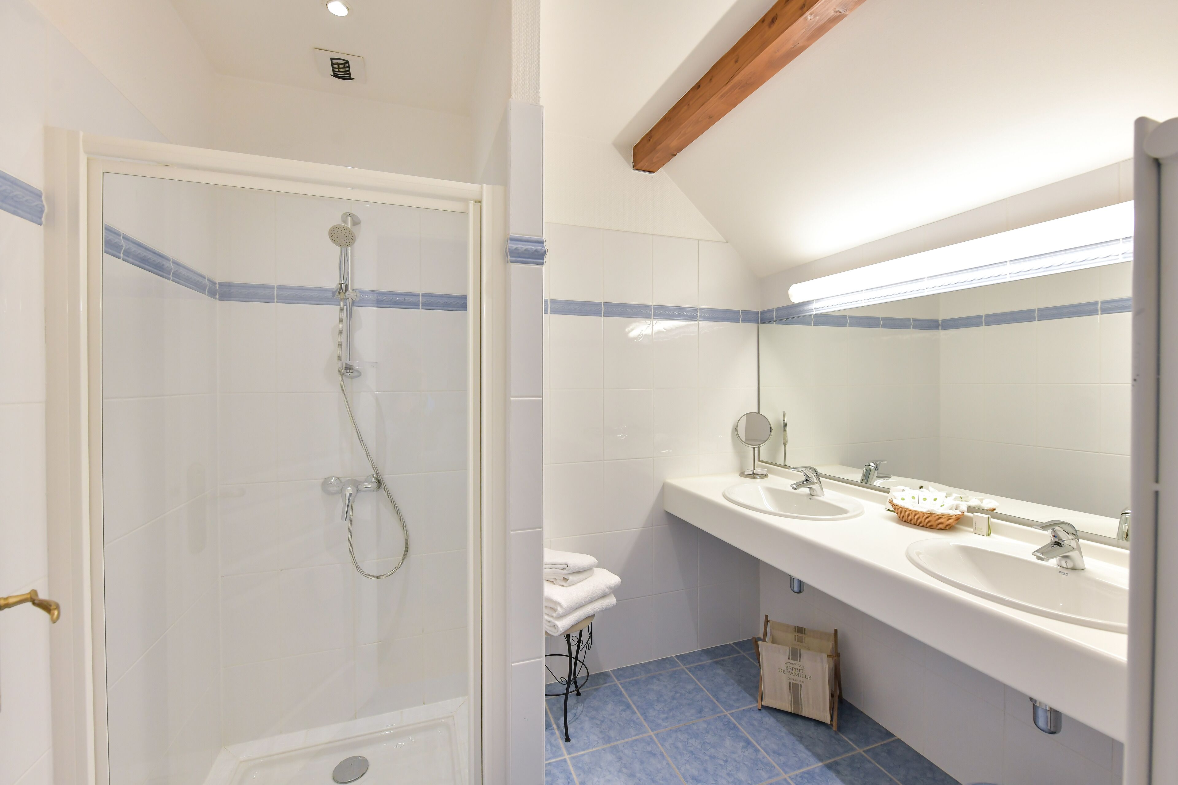 Un baño con ducha separada por vidrio, dos lavamanos, un espejo y suelo de baldosas.