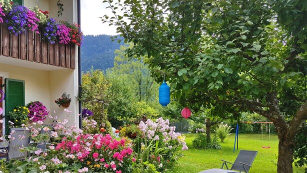 Un jardin agrémenté de diverses fleurs, une pelouse et un fauteuil.