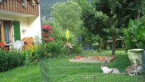 Un jardin clos avec un enclos pour lapins, une végétation luxuriante et un bâtiment doté d’un balcon.