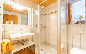 Shower, hair dryer, towels
