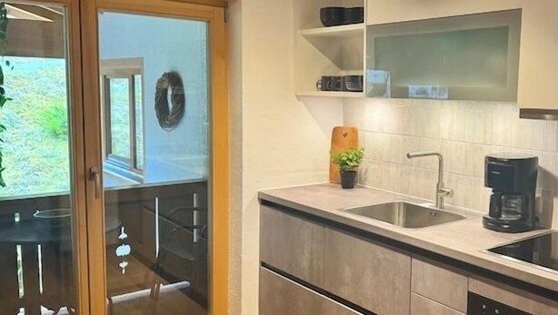 Eine moderne Küche mit Holzboden, einer Glastür zum Balkon und eingebauten Schränken.