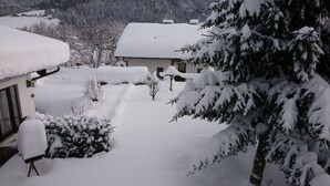 Un paisaje nevado con una casa, árboles y un cielo despejado.