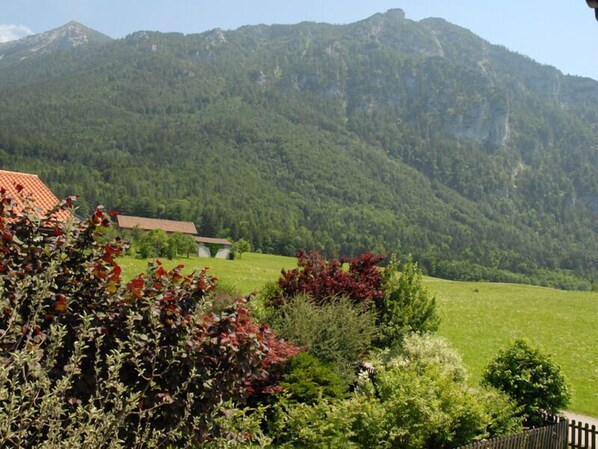 Paisaje montañoso con una casa y un campo cercado.