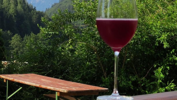 A glass of red wine with a lime garnish in front of a mountain backdrop. - Gasthof Dürrlehen (Berchtesgaden)