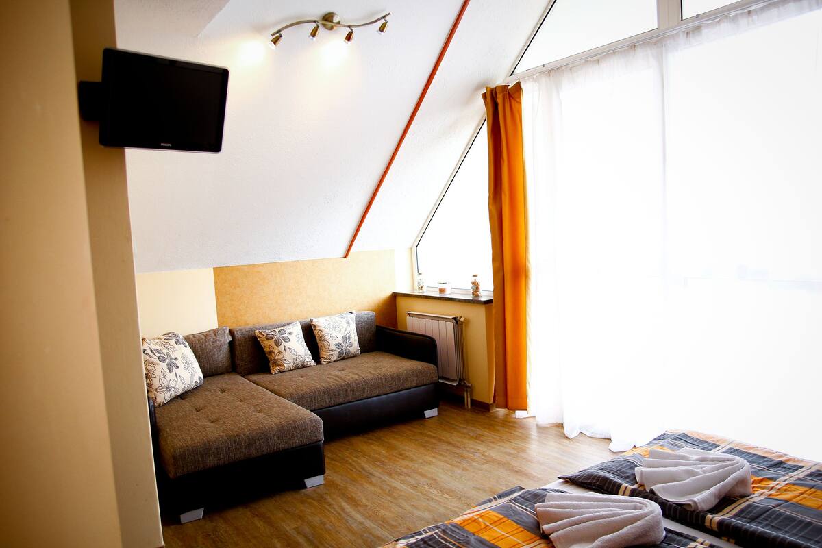 A modern room with a sofa, a bed, and a window with curtains.