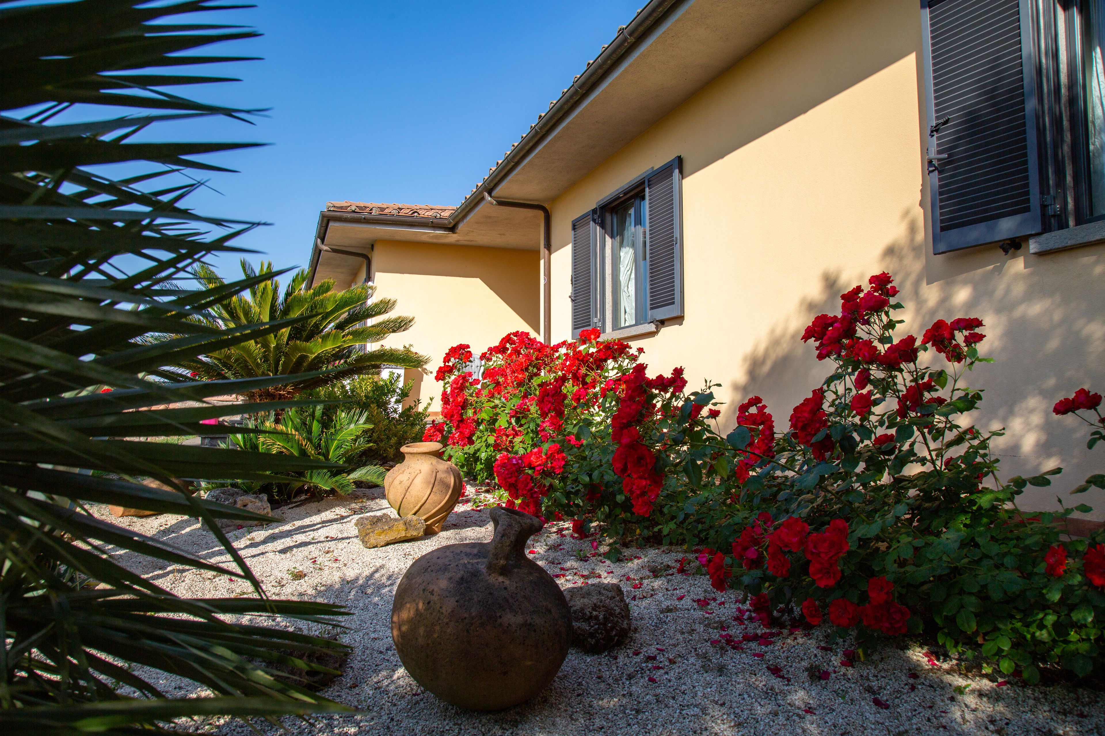 Una casa con jardín, flores rojas y una maceta grande.