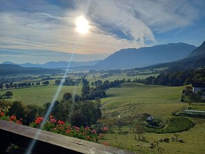 A rural landscape with a clear sky, distant mountains, and a field with a fence.