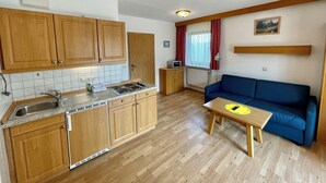 A compact kitchen with wooden cabinets, a built-in stove, and a sink. There is a blue sofa and a small table with a remote control. - Vacation apartment A, 4 pers., panoramic balcony, bedroom, bed-sitting room, 67 sqm (Inzell)