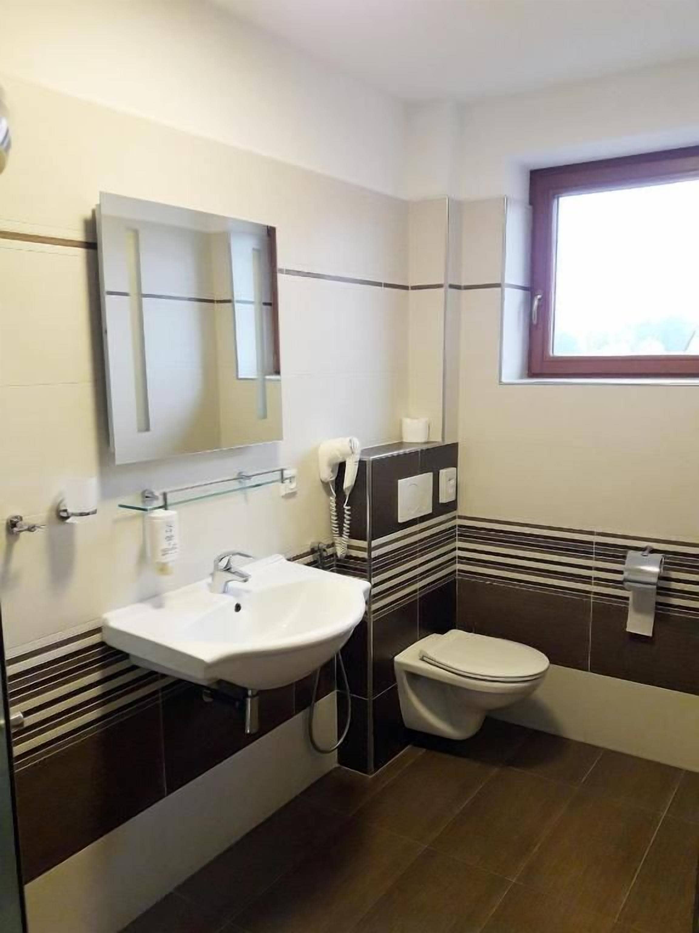 A bathroom with a sink, toilet, and a mirror.