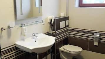 A bathroom with a sink, toilet, and a mirror.