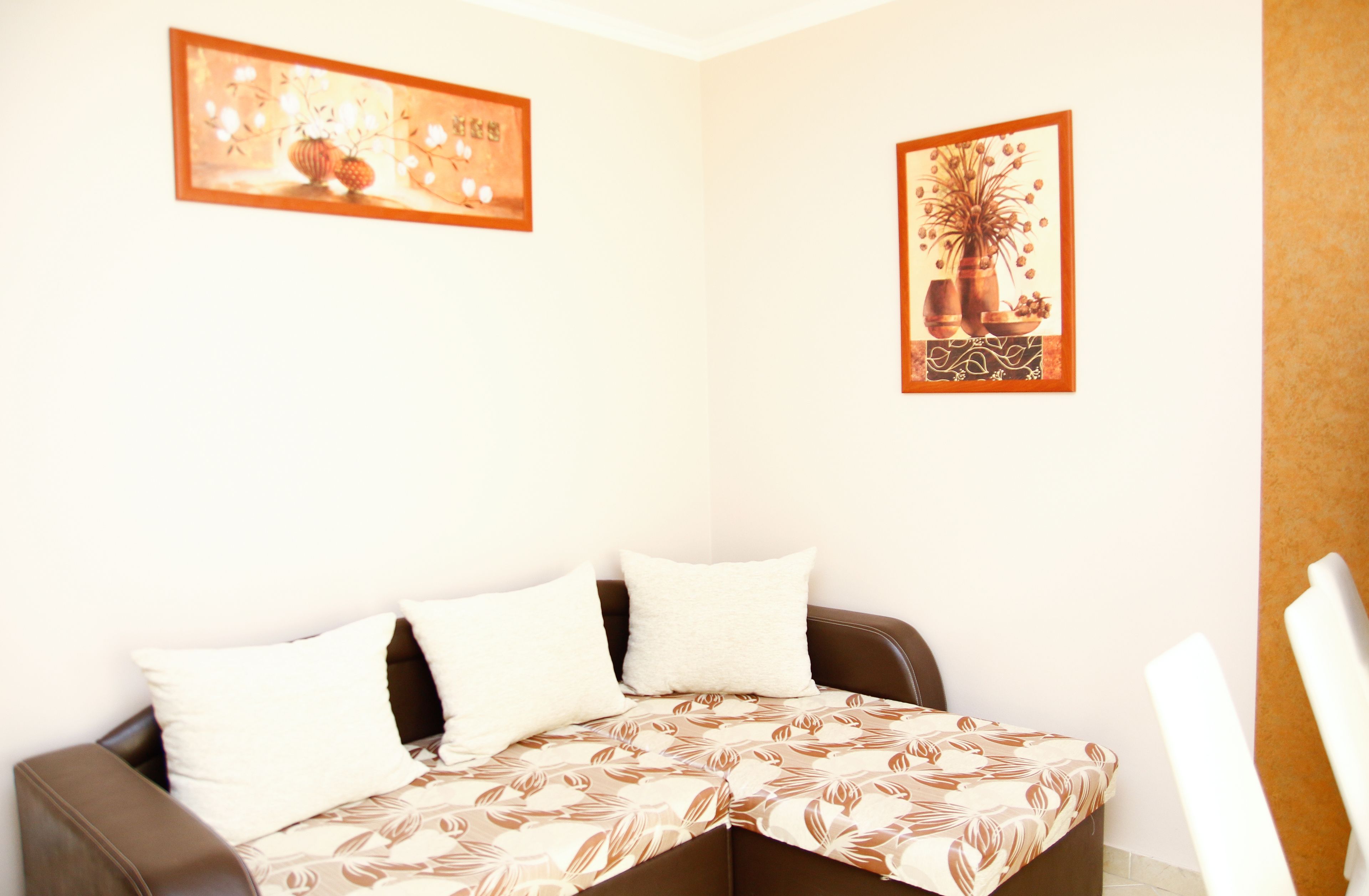 Habitación de esquina con sofá de cuero marrón, cojines blancos y una manta estampada. Dos cuadros enmarcados decoran las paredes.