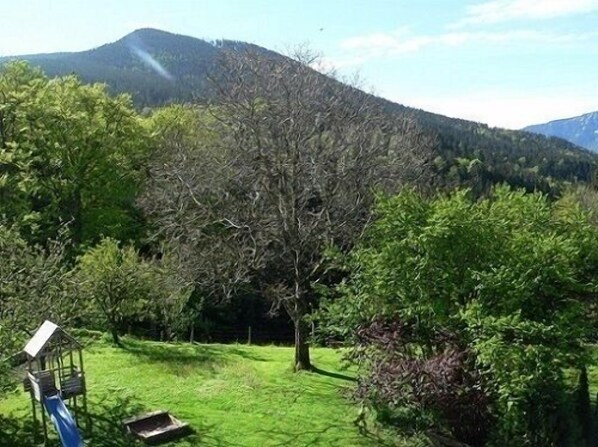 Uma área gramada com um parquinho, incluindo um escorrega e balanço, cercada por árvores e uma montanha ao fundo.