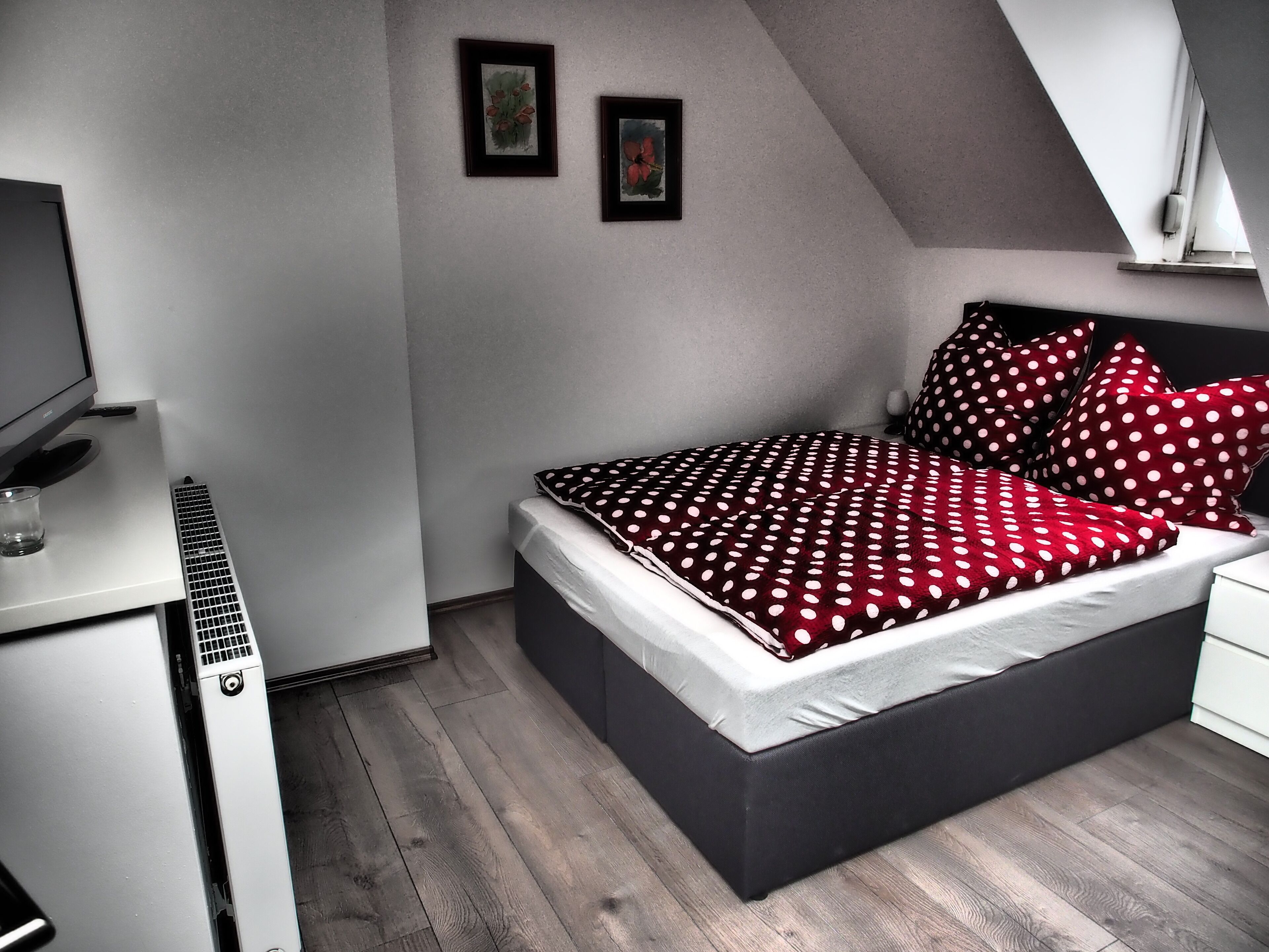 Une chambre à coucher avec un lit, un bureau et un téléviseur.