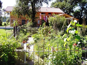 A garden with a variety of plants and flowers, a wooden building with a red roof, and a metal fence.