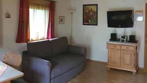 A living room with a grey sofa, wooden cabinet, TV, and a painting on the wall. - Apartment Baumgart for max. 3 persons, 35 sqm, 1 bedroom, balcony (Schönau am Königssee)
