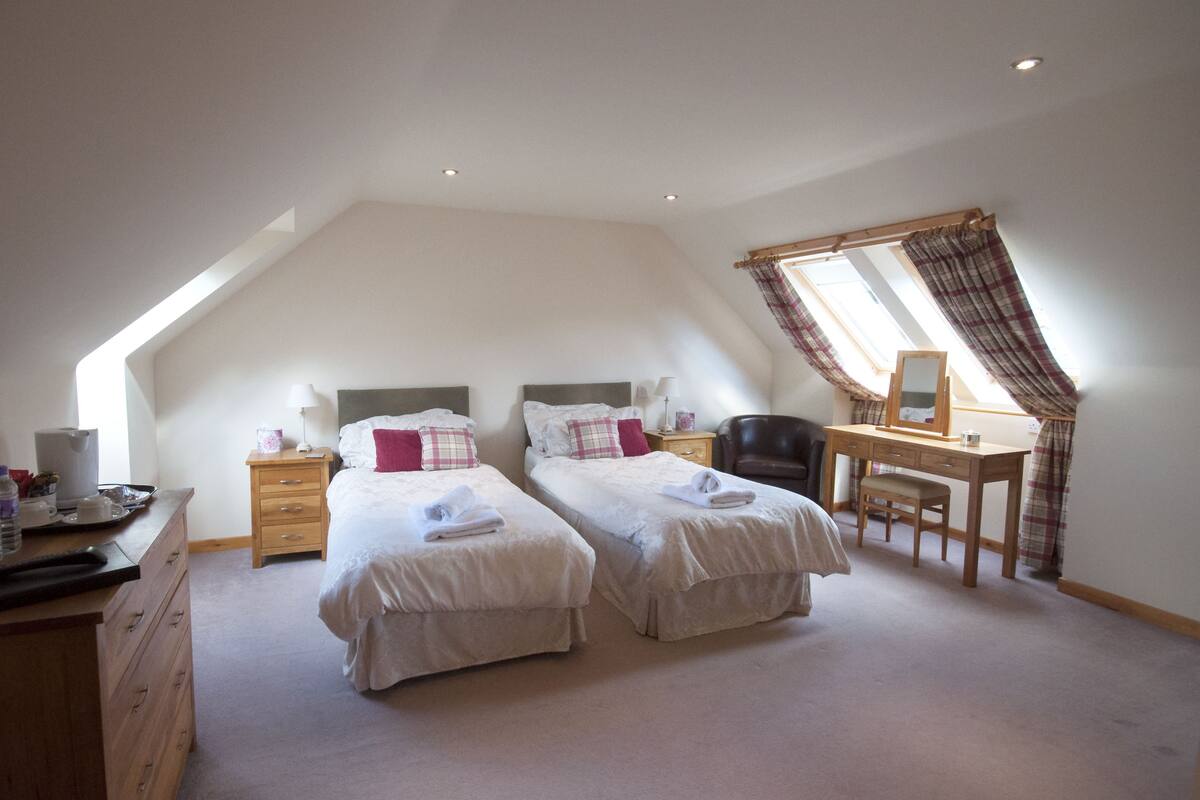 A bedroom with two beds, a desk, a chair, and a dresser.