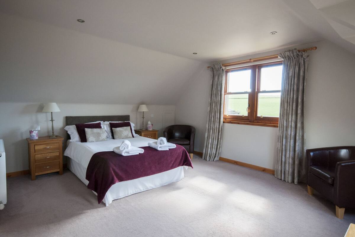 A bedroom with a large bed, two bedside tables, a chair, a window with curtains, and a view of the outdoors.