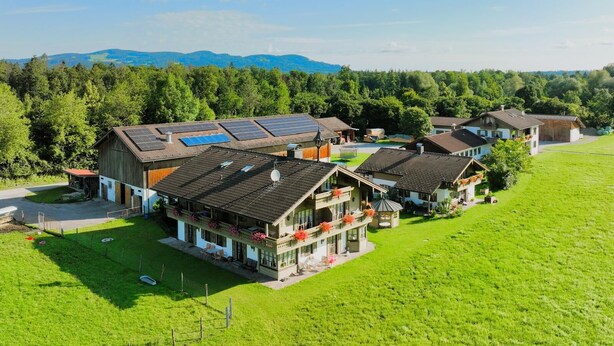 Zona residenziale con diverse case, alcune dotate di pannelli solari, circondata da campi verdi e alberi.