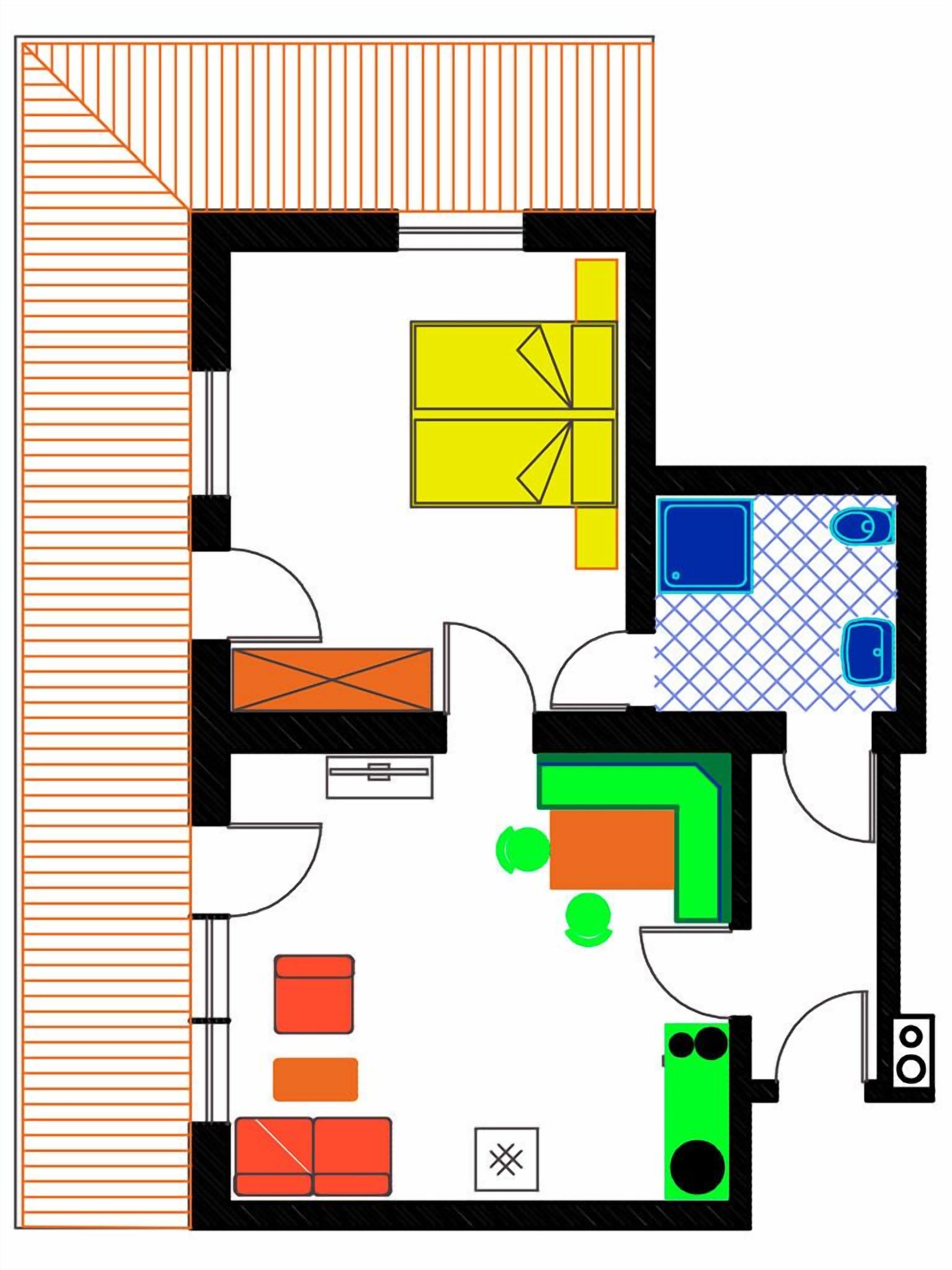 A floor plan with a kitchen, dining area, two bedrooms, a bathroom, and a living room.