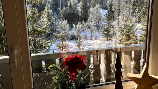 A balcony with a view of a snowy forest and mountains. - Ferienwohnung "Beste Laune" (Reit im Winkl)