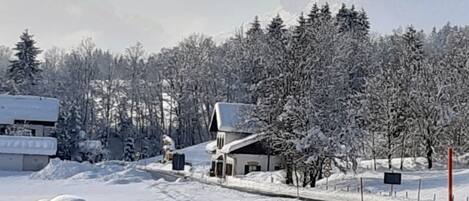 A snow-covered landscape with a road, a building with a snow-covered roof, and a mountain in the background.