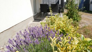 A patio area with outdoor furniture, a garden with lavender and variegated plants, and a white building with a door and windows. - Vacation apartment by the Baltic Sea - Apartment Kapitän 3 (Zinnowitz)