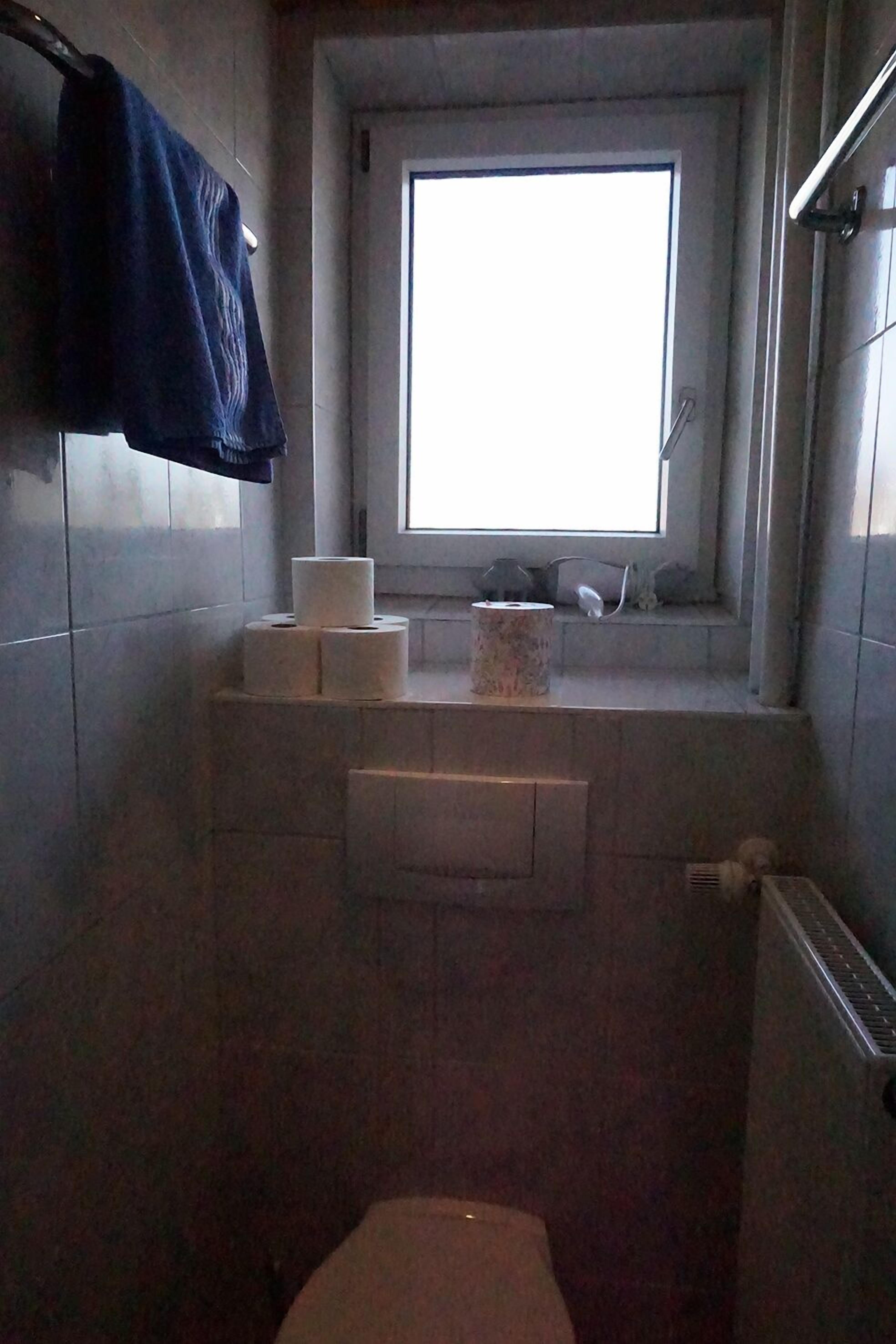 Een badkamer met een toilet, een raam en een handdoekhouder.