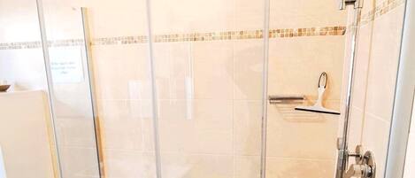 A glass-enclosed shower with a handheld showerhead, a tiled floor, and a visible toilet in the adjacent room.