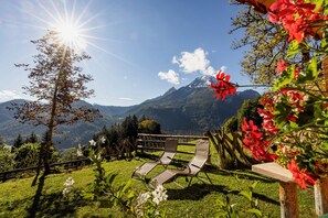 A garden with a wooden bench, a tree, and a mountain view. - Ferienwohnung Nr. 2, 2-4 Personen, 37 qm, Dusche/WC, Balkon, TV, 1 Schlafzimmer + 1 Wohnschlafzimmer, Nichtraucher (Ramsau bei Berchtesgaden)