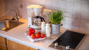 Eine Küche mit Spülbecken aus Edelstahl, einer Kaffeemaschine, einem Blumentopf und einem Herd.