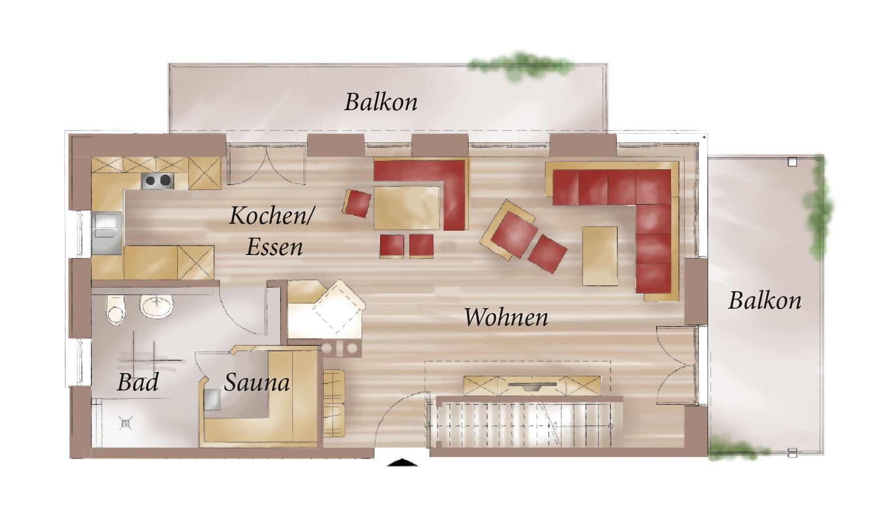 A floor plan of a house with a living room, kitchen, bathroom, and two balconies.