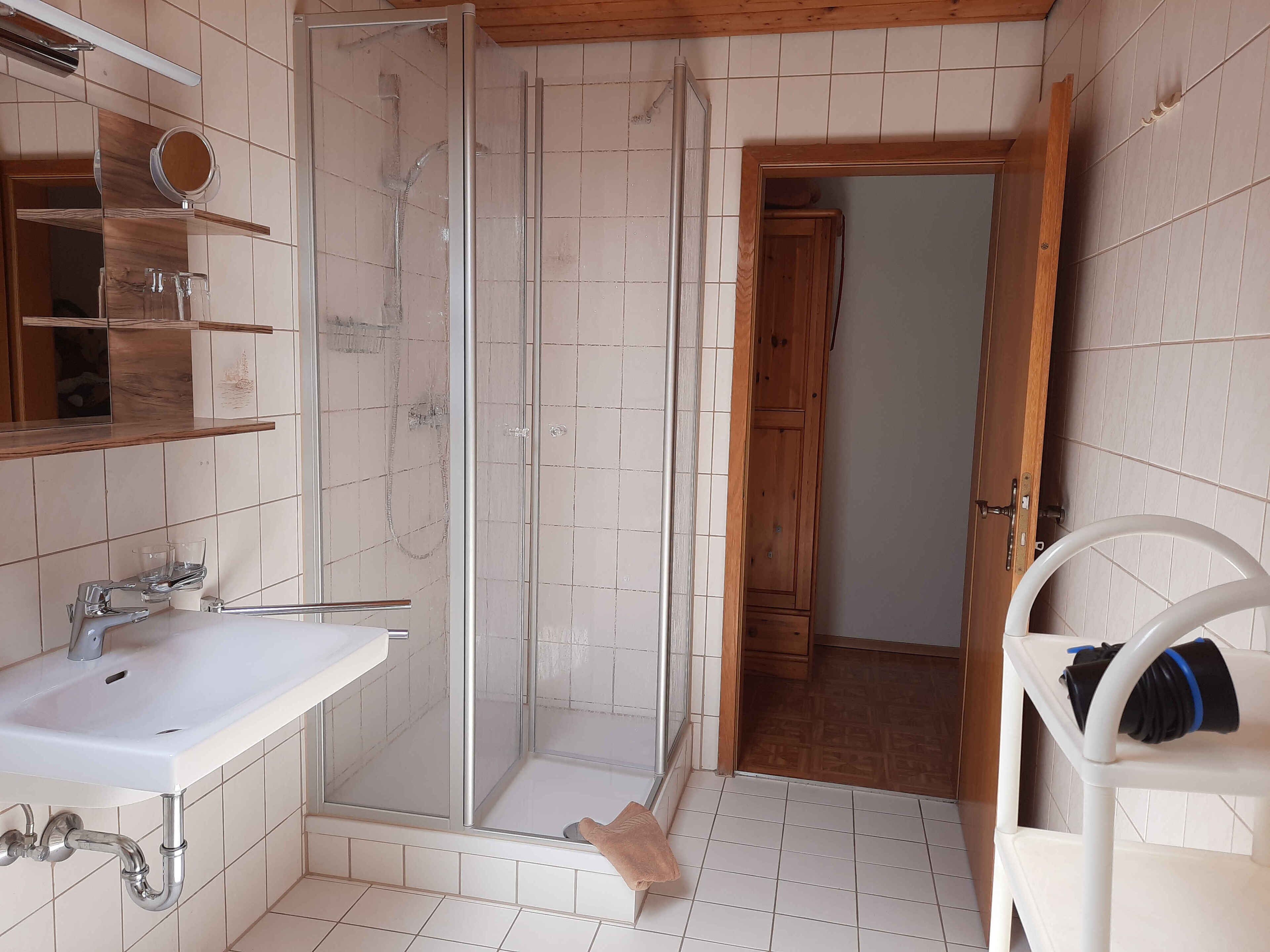 A bathroom with a shower, sink, and wooden cabinets.