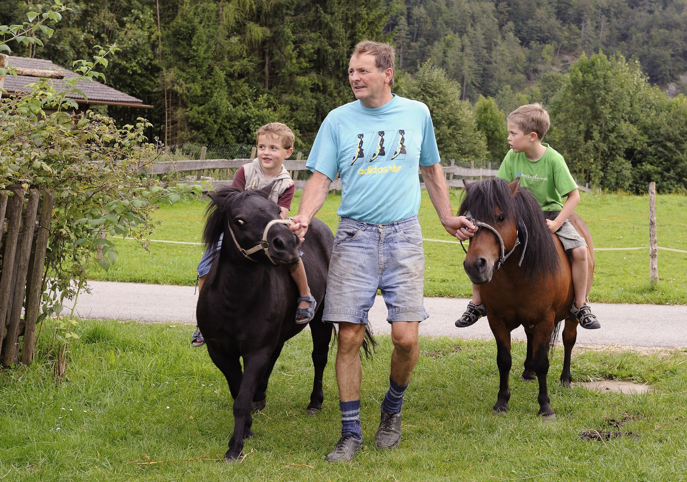 Un homme se promène avec deux enfants, chacun à dos de cheval, dans un espace extérieur verdoyant, avec une clôture en bois et des arbres en arrière-plan.